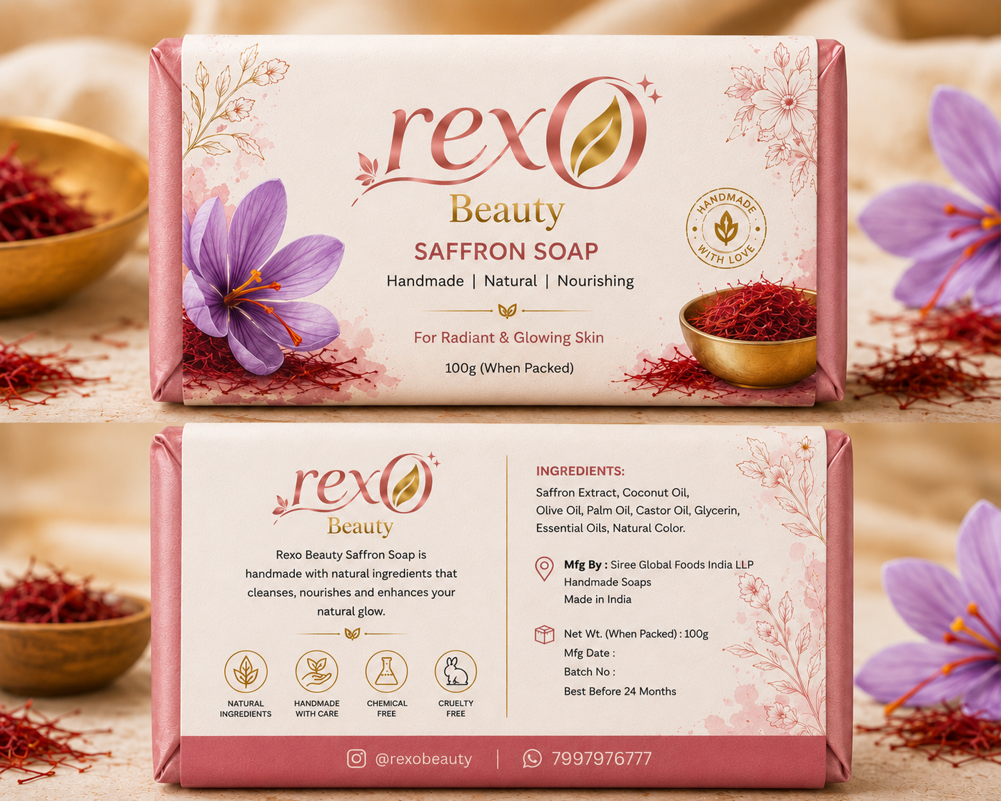 Rexo Beauty Saffron Soap — Handmade | Natural | Nourishing. Infused with precious Saffron Extract, this 100g handmade soap cleanses, nourishes, and enhances your skin's natural radiance for a truly radiant and glowing complexion. Enriched with Coconut Oil, Olive Oil, Palm Oil, Castor Oil, and Glycerin. Chemical-free. Cruelty-free. Made with love in India.